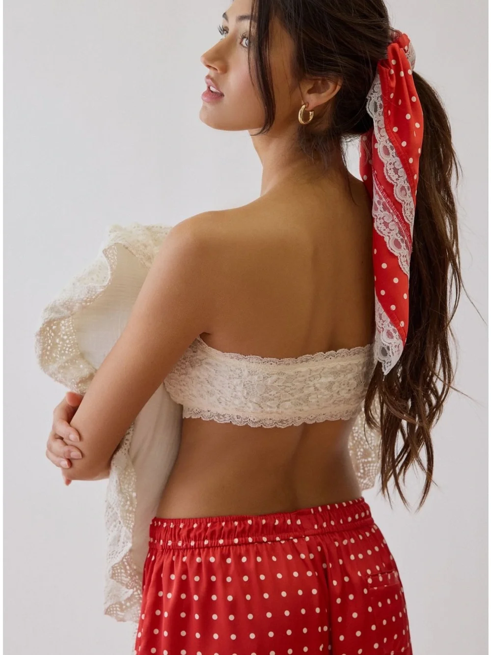 For Love & Lemons X UO Red + White Polka Dot Scarf | Lace Trim | OS | NWT